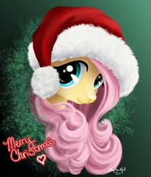 Size: 556x654 | Tagged: safe, artist:paintedhoofprints, imported from derpibooru, fluttershy, bust, christmas, hat, portrait, santa hat