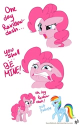 Size: 573x885 | Tagged: safe, artist:beetlebot, imported from derpibooru, pinkie pie, rainbow dash, bedroom eyes, eye contact, female, floppy ears, frown, gritted teeth, lesbian, open mouth, pinkiedash, raised eyebrow, raised hoof, raised leg, shipping, smiling, soon, wide eyes