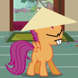 Size: 280x280 | Tagged: safe, edit, edited screencap, imported from derpibooru, screencap, scootaloo, pegasus, pony, asian conical hat, conical hat, female, gook, hat, racism, scootaroo, solo, teeth, triangle