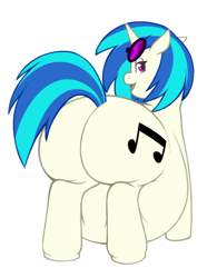 Size: 992x1273 | Tagged: safe, artist:redintravenous, imported from derpibooru, dj pon-3, vinyl scratch, pony, unicorn, bedroom eyes, belly, big belly, butt, chubby, dj boot-3, fat, female, huge butt, impossibly large belly, large butt, looking at you, looking back, mare, obese, plot, simple background, solo, the ass was fat, vinyl fat, wub-tub