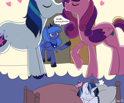 Size: 814x675 | Tagged: safe, artist:jiayi, imported from derpibooru, princess cadance, princess luna, shining armor, alicorn, pony, unicorn, bed, dialogue, dream, dream bubble, dream walker luna, female, imminent kissing, kissing, kissy face, male, mare, shiningcadance, shipping, speech bubble, stallion, straight