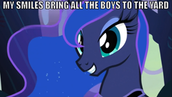 Size: 1067x600 | Tagged: safe, imported from derpibooru, princess luna, image macro, parody, smiling