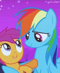 Size: 245x299 | Tagged: safe, edit, edited screencap, imported from derpibooru, screencap, rainbow dash, scootaloo, pegasus, pony, sleepless in ponyville, animated, cropped, duo, female, gif, happy, hug, lowres, scootalove