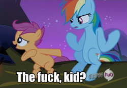 Size: 959x666 | Tagged: safe, edit, edited screencap, imported from derpibooru, screencap, rainbow dash, scootaloo, sleepless in ponyville, hub logo, image macro, meme, scootalove denied, vulgar