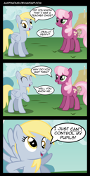 Size: 1490x2908 | Tagged: safe, artist:austiniousi, imported from derpibooru, cheerilee, derpy hooves, earth pony, pegasus, pony, ^^, comic, duo, duo female, eyes closed, female, mare, open mouth, pun