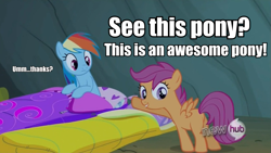 Size: 959x539 | Tagged: safe, edit, edited screencap, imported from derpibooru, screencap, rainbow dash, scootaloo, sleepless in ponyville, awesome pony, butt, cave, hub logo, image macro, plot, scootabutt, sleeping bag, text