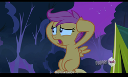 Size: 1680x1021 | Tagged: safe, imported from derpibooru, screencap, scootaloo, sleepless in ponyville, hub logo, youtube caption