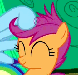 Size: 354x340 | Tagged: safe, edit, edited screencap, imported from derpibooru, screencap, rainbow dash, scootaloo, pegasus, pony, sleepless in ponyville, animated, cropped, cute, cutealoo, eyes closed, female, filly, gif, mare, noogie, offscreen character, scootalove, solo focus