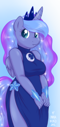 Size: 524x1100 | Tagged: safe, artist:onnanoko, imported from derpibooru, part of a set, princess luna, alicorn, anthro, breasts, busty princess luna, clothes, curvy, cute, dress, female, jewelry, looking at you, side slit, solo