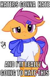 Size: 700x1082 | Tagged: safe, artist:kiddysa-bunnpire, imported from derpibooru, scootaloo, pony, caption, clothes, female, haters gonna hate, image macro, solo