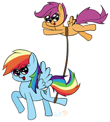 Size: 1000x1100 | Tagged: safe, artist:chibi95, imported from derpibooru, rainbow dash, scootaloo, pegasus, pony, duo, duo female, female, rope, scootaloo can fly, scootalove, simple background, transparent background