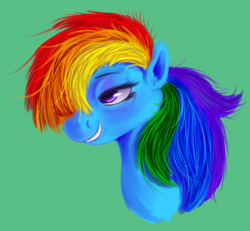 Size: 1000x924 | Tagged: safe, artist:sb, imported from derpibooru, rainbow dash, pegasus, pony, bust, female, green background, mare, portrait, simple background, smiling, solo