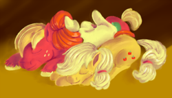 Size: 1000x571 | Tagged: safe, artist:sb, imported from derpibooru, apple bloom, applejack, big macintosh, earth pony, pony, apple family, apple siblings, cuddle puddle, cuddling, cute, eyes closed, family, female, filly, hair over one eye, hatless, male, mare, missing accessory, on side, prone, side, sleeping, smiling, stallion, trio