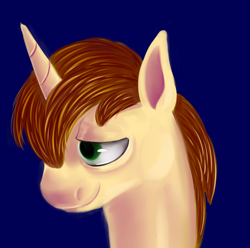 Size: 1250x1238 | Tagged: safe, artist:sb, imported from derpibooru, donut joe, pony, unicorn, blue background, bust, male, portrait, profile, simple background, solo, stallion