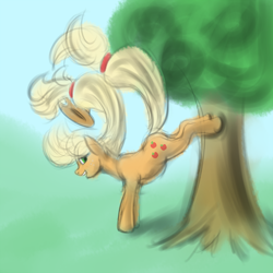 Size: 1000x1000 | Tagged: safe, artist:sb, imported from derpibooru, applejack, earth pony, pony, bucking, female, mare, solo, tree