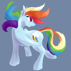 Size: 1000x1000 | Tagged: safe, artist:sb, imported from derpibooru, rainbow dash, pegasus, pony, female, folded wings, happy, looking back, mare, simple background, solo