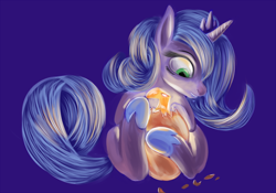 Size: 1000x698 | Tagged: safe, artist:sb, imported from derpibooru, philomena, princess luna, alicorn, phoenix, pony, blue background, egg, female, filly, hatching, hatchling, phoenix chick, s1 luna, simple background, sitting, underhoof