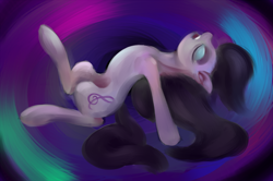 Size: 1000x664 | Tagged: safe, artist:sb, imported from derpibooru, octavia melody, earth pony, pony, abstract background, arched back, eyes closed, female, mare, on back, solo