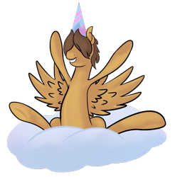 Size: 827x839 | Tagged: safe, artist:sb, imported from derpibooru, hoops, pegasus, pony, cloud, grin, hat, hooves, male, on a cloud, party hat, simple background, sitting on a cloud, sitting on cloud, smiling, solo, spread wings, stallion, transparent background, wings