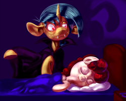 Size: 1000x803 | Tagged: safe, artist:sb, imported from derpibooru, snails, twist, earth pony, pony, unicorn, vampire, bed, cloak, clothes, colt, fangs, female, filly, male, sleeping