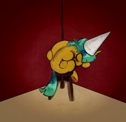 Size: 1180x1144 | Tagged: safe, artist:sb, imported from derpibooru, snails, pony, unicorn, chair, colt, corner, dunce hat, hat, hug, male, sad, sitting, solo, stool