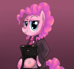 Size: 1075x1000 | Tagged: safe, artist:uc77, imported from derpibooru, pinkie pie, earth pony, pony, bipedal, briefcase, businessmare, cake, clothes, female, gradient background, mare, paint tool sai, solo, suit