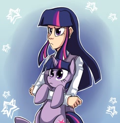 Size: 830x850 | Tagged: safe, artist:uc77, imported from derpibooru, twilight sparkle, human, pony, unicorn, abstract background, duality, female, holding a pony, human ponidox, humanized, mare, paint tool sai, self ponidox, solo, twilight is not amused, twilight sparkle is not amused, unamused