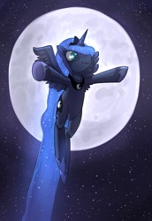 Size: 665x965 | Tagged: safe, artist:uc77, imported from derpibooru, princess luna, alicorn, pony, female, flying, godannar, mare, moon, night, paint tool sai, solo, stars, underhoof