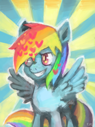 Size: 600x800 | Tagged: safe, artist:fuckinmonday, imported from derpibooru, rainbow dash, pegasus, pony, abstract background, female, grin, heart, mare, solo, spread wings, wings