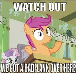 Size: 500x479 | Tagged: safe, edit, edited screencap, imported from derpibooru, screencap, scootaloo, sweetie belle, pegasus, pony, unicorn, female, filly, image macro, meme, ponyville schoolhouse, reaction image, school, watch out we have a badass over here, we got a badass over here