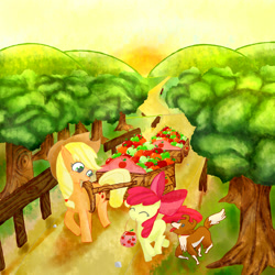 Size: 2000x2000 | Tagged: dead source, safe, artist:jesrartes, imported from derpibooru, apple bloom, applejack, winona, dog, earth pony, pony, apple, apple sisters, cart, female, filly, foal, food, high res, mare, mouth hold, paint tool sai, siblings, sisters, tree, trio