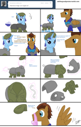 Size: 1318x2058 | Tagged: source needed, useless source url, safe, artist:asktheguardponies, imported from derpibooru, minuette, oc, oc:gears, pegasus, pony, unicorn, armor, asktheguardponies, beret, clothes, comic, female, frilly underwear, invisibility, male, mare, panties, pink underwear, ribbon, stallion, tail wrap, underwear, wingboner