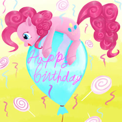 Size: 2500x2500 | Tagged: dead source, safe, artist:jesrartes, imported from derpibooru, pinkie pie, earth pony, pony, abstract background, balloon, birthday, candy, female, happy, happy birthday, high res, lollipop, mare, paint tool sai, party, solo, then watch her balloons lift her up to the sky