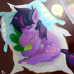 Size: 2500x2500 | Tagged: dead source, safe, artist:jesrartes, imported from derpibooru, spike, twilight sparkle, dragon, pony, unicorn, bed, bed mane, butt, candle, cute, duo, eyes closed, female, filly, high res, hug, male, mama twilight, paint tool sai, pillow, plot, sleeping, spikabetes, spikelove, twiabetes, unicorn twilight