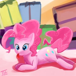 Size: 1500x1500 | Tagged: dead source, safe, artist:jesrartes, imported from derpibooru, pinkie pie, earth pony, pony, female, mare, paint tool sai, present, prone, solo, tongue out