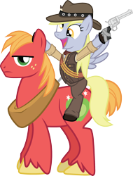 Size: 1378x1815 | Tagged: safe, artist:smashinator, imported from derpibooru, big macintosh, derpy hooves, earth pony, pegasus, pony, clothes, colt single action army, crossover, cute, derpabetes, derpy riding big macintosh, female, frown, glare, gun, hat, hoof hold, looking at you, male, mare, open mouth, ponies riding ponies, red dead redemption, revolver, riding, simple background, smiling, stallion, transparent background, unamused, vector, weapon