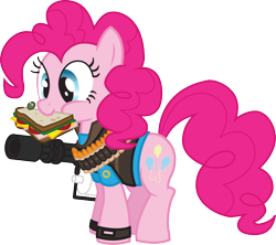 Size: 826x734 | Tagged: safe, artist:smashinator, imported from derpibooru, pinkie pie, earth pony, pony, clothes, crossover, eating, female, heavy, heavy weapons pie, mare, minigun, mouth hold, ponies eating meat, sandvich, sandwich, simple background, solo, team fortress 2, transparent background, uniform, vector, weapon