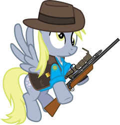 Size: 829x859 | Tagged: safe, artist:smashinator, imported from derpibooru, derpy hooves, pegasus, pony, crossover, cutie mark, female, gun, hat, hooves, mare, optical sight, rifle, simple background, sniper, sniper rifle, solo, spread wings, team fortress 2, transparent background, weapon, wings