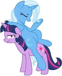 Size: 4020x4880 | Tagged: safe, artist:discommunicator, artist:kooner-cz, imported from derpibooru, trixie, twilight sparkle, pony, unicorn, absurd resolution, belly, duo, female, hilarious in hindsight, inconvenient trixie, mare, messy mane, ponies riding ponies, riding, show accurate, simple background, transparent background, trixie riding twilight, unamused, unicorn twilight, vector