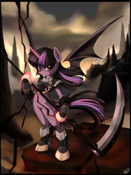 Size: 1350x1800 | Tagged: safe, artist:php58, artist:ponykillerx, deleted from derpibooru, imported from derpibooru, twilight sparkle, alicorn, bat pony, bat pony alicorn, pony, semi-anthro, vampire, armor, badass, bat ponified, bat wings, bipedal, female, glowing horn, mare, night guard, race swap, scythe, solo, unconvincing armor, weapon