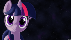 Size: 1366x768 | Tagged: dead source, safe, artist:mister-hand, imported from derpibooru, twilight sparkle, pony, unicorn, female, looking at you, mare, smiling, solo, stars