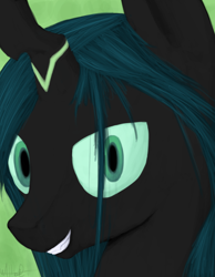 Size: 700x900 | Tagged: dead source, safe, artist:mister-hand, imported from derpibooru, queen chrysalis, changeling, changeling queen, bust, close-up, female, frown, portrait, signature, smiling, solo