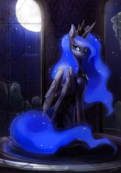 Size: 2047x2929 | Tagged: safe, artist:maocha, artist:maomaopanchu, imported from derpibooru, princess luna, alicorn, pony, female, high res, looking back, mare, moon, night, sitting, solo, stars, window