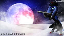 Size: 1920x1080 | Tagged: safe, artist:tsaritsaluna, imported from derpibooru, princess luna, alicorn, pony, semi-anthro, clothes, female, frown, gun, mare, moon, new lunar republic, ppsh-41, s1 luna, solo, soviet, standing, stars, submachinegun, wallpaper, weapon