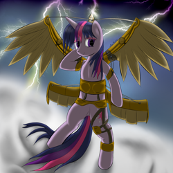 Size: 1920x1920 | Tagged: safe, artist:abluskittle, imported from derpibooru, twilight sparkle, pony, unicorn, artificial wings, augmented, bipedal, female, flying, lightning, mare, mechanical wing, solo, steampunk, unicorn twilight, wings