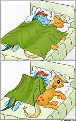 Size: 500x803 | Tagged: safe, artist:el-yeguero, imported from derpibooru, applejack, rainbow dash, earth pony, pegasus, pony, appledash, bed, female, lesbian, mare, morning, morning wing, morning wood, on side, pillow, shipping, side, wingboner