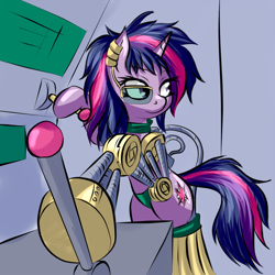 Size: 700x700 | Tagged: safe, artist:snus-kun, imported from derpibooru, twilight sparkle, cyborg, pony, unicorn, alternate hairstyle, amputee, bipedal, bipedal leaning, female, leaning, lever, mare, prosthetic limb, prosthetics, solo