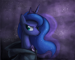 Size: 1500x1200 | Tagged: safe, artist:ric-m, imported from derpibooru, princess luna, alicorn, pony, bust, cloak, clothes, colored pupils, female, hood, horn, jewelry, mare, portrait, profile, regalia, solo, tiara