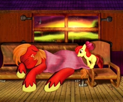 Size: 900x753 | Tagged: safe, artist:chaosdrop, imported from derpibooru, apple bloom, big macintosh, earth pony, pony, blanket, brother and sister, cottagecore, filly, male, sleeping, stallion, sunset