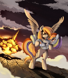 Size: 1360x1560 | Tagged: safe, artist:php58, artist:ponykillerx, deleted from derpibooru, imported from derpibooru, derpy hooves, rainbow dash, pegasus, pony, badass, bipedal, blood, carrying, cracks, derpydash, epic derpy, explosion, eye contact, female, lesbian, looking at each other, mare, shipping